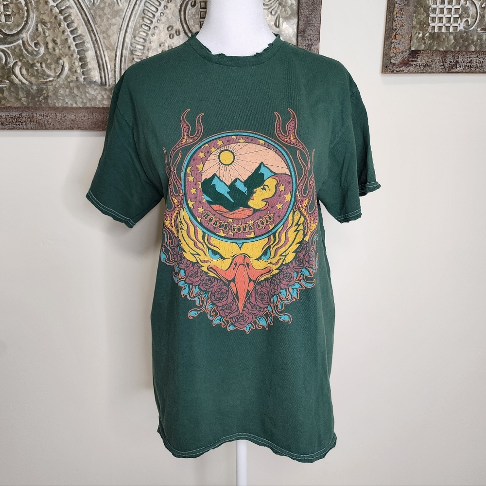 American Highway Dark Green Red Rhinestone Eagle Graphic Distressed T-Shirt Med
